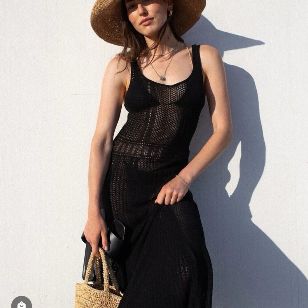 NWT Banana Republic Black Open-Stitch Lace Crocheted Long Maxi Coverup Dress L